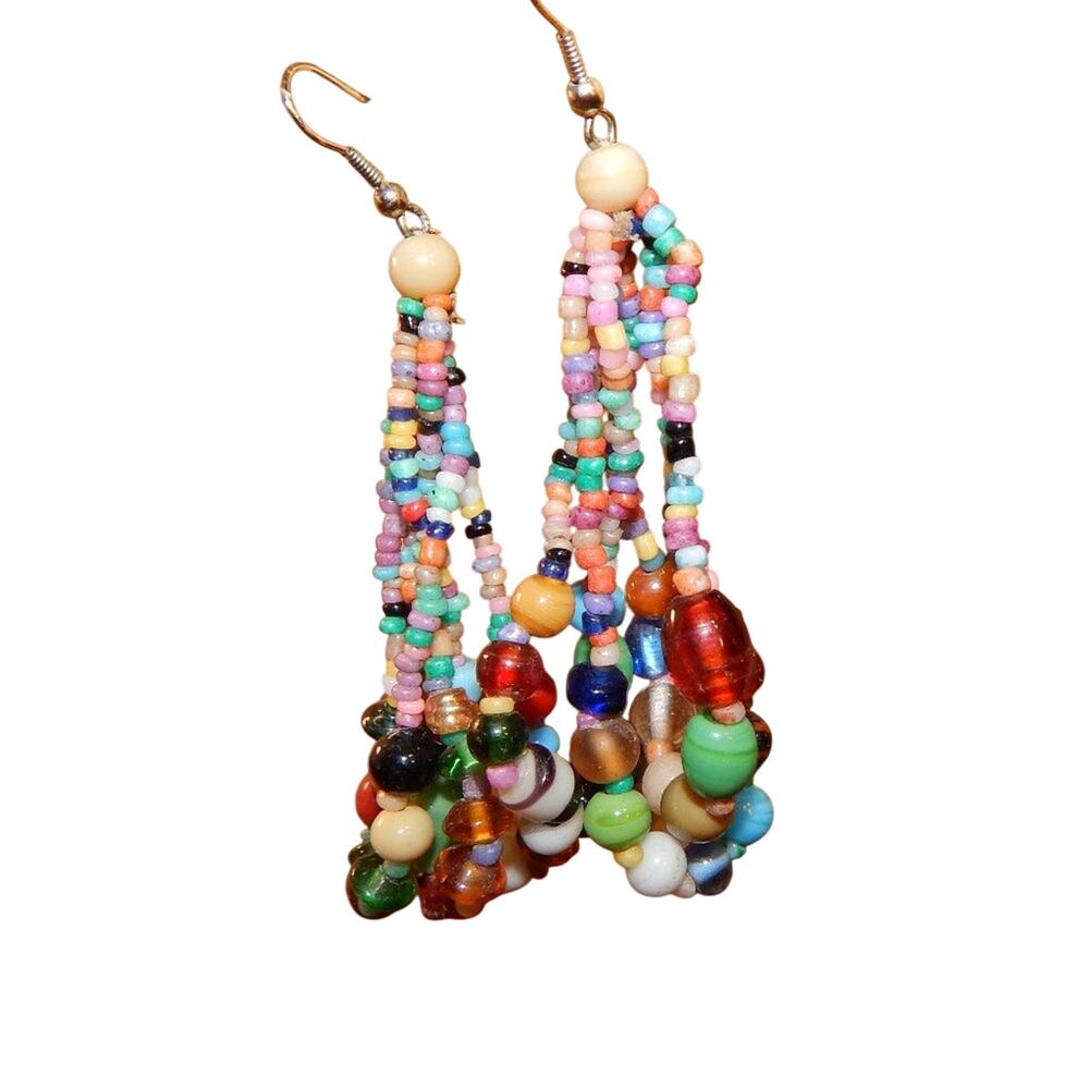 3" Vintage Artisan Festival Multi Bead Color & Strand Hoop Earrings